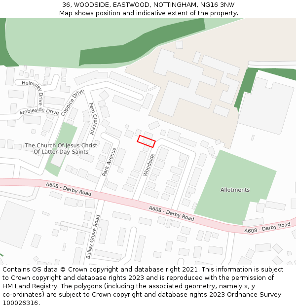 36, WOODSIDE, EASTWOOD, NOTTINGHAM, NG16 3NW: Location map and indicative extent of plot