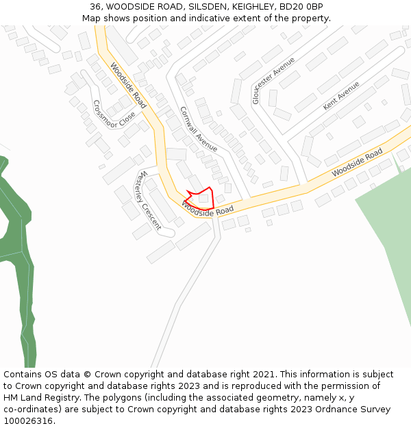 36, WOODSIDE ROAD, SILSDEN, KEIGHLEY, BD20 0BP: Location map and indicative extent of plot