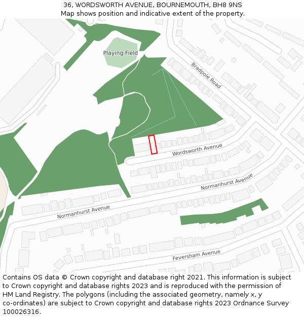 36, WORDSWORTH AVENUE, BOURNEMOUTH, BH8 9NS: Location map and indicative extent of plot