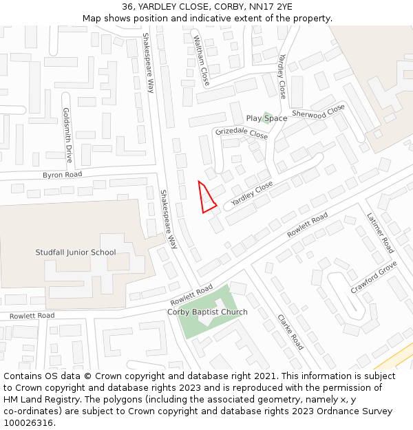 36, YARDLEY CLOSE, CORBY, NN17 2YE: Location map and indicative extent of plot