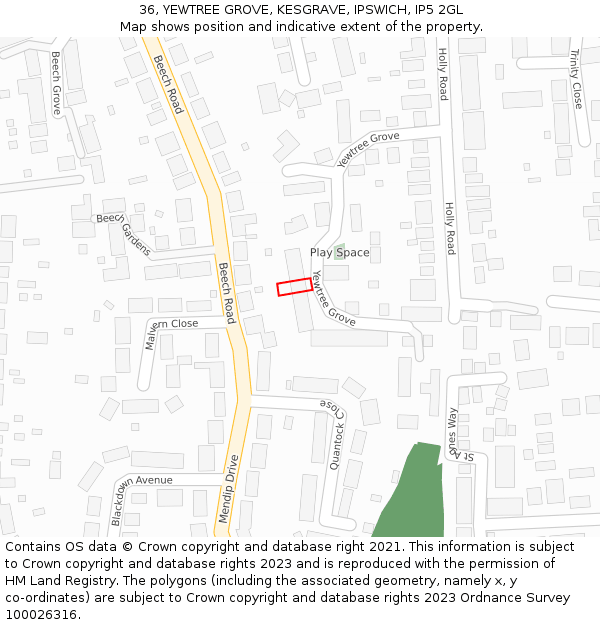 36, YEWTREE GROVE, KESGRAVE, IPSWICH, IP5 2GL: Location map and indicative extent of plot