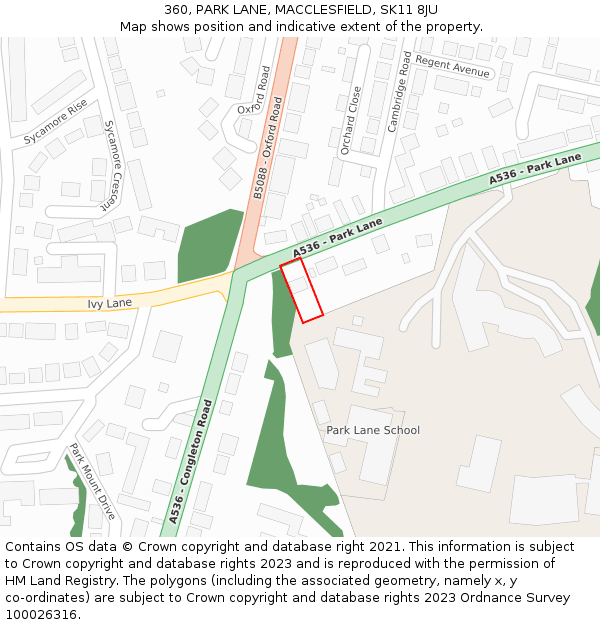 360, PARK LANE, MACCLESFIELD, SK11 8JU: Location map and indicative extent of plot