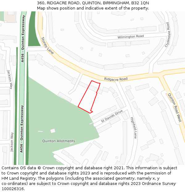 360, RIDGACRE ROAD, QUINTON, BIRMINGHAM, B32 1QN: Location map and indicative extent of plot