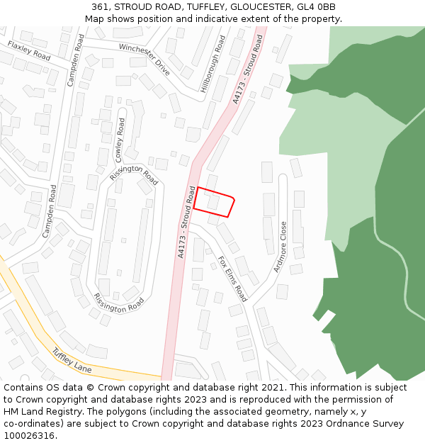361, STROUD ROAD, TUFFLEY, GLOUCESTER, GL4 0BB: Location map and indicative extent of plot