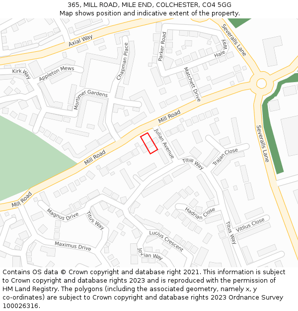 365, MILL ROAD, MILE END, COLCHESTER, CO4 5GG: Location map and indicative extent of plot