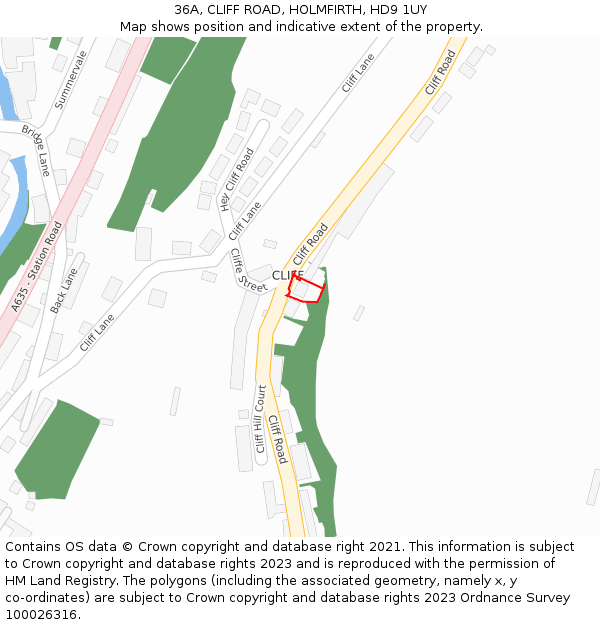 36A, CLIFF ROAD, HOLMFIRTH, HD9 1UY: Location map and indicative extent of plot