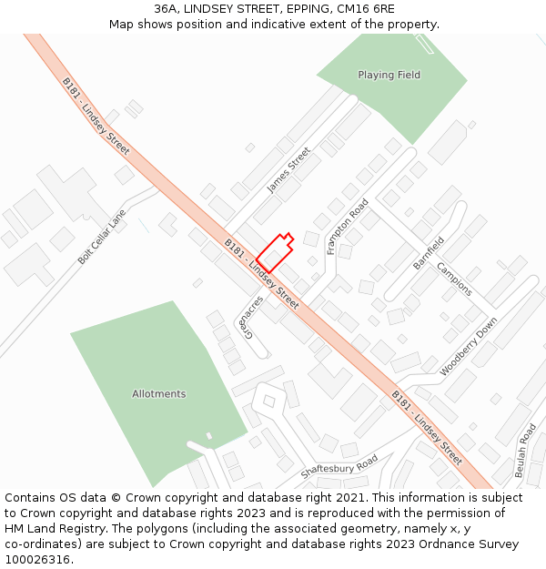 36A, LINDSEY STREET, EPPING, CM16 6RE: Location map and indicative extent of plot