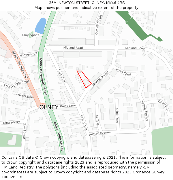 36A, NEWTON STREET, OLNEY, MK46 4BS: Location map and indicative extent of plot