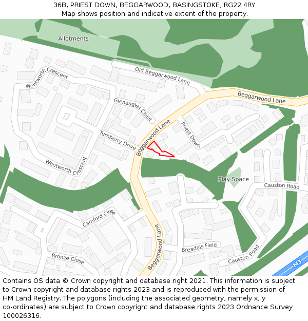 36B, PRIEST DOWN, BEGGARWOOD, BASINGSTOKE, RG22 4RY: Location map and indicative extent of plot