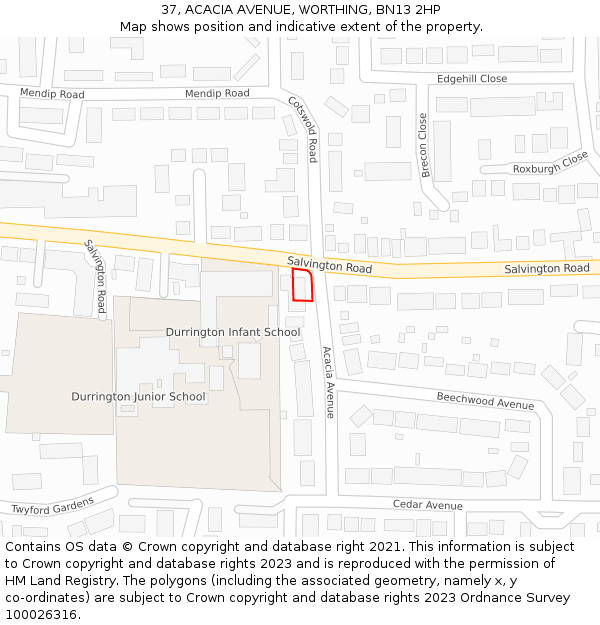 37, ACACIA AVENUE, WORTHING, BN13 2HP: Location map and indicative extent of plot