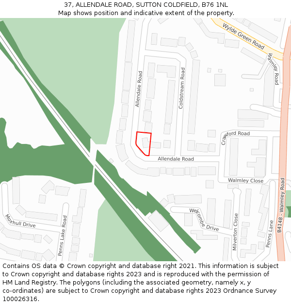 37, ALLENDALE ROAD, SUTTON COLDFIELD, B76 1NL: Location map and indicative extent of plot