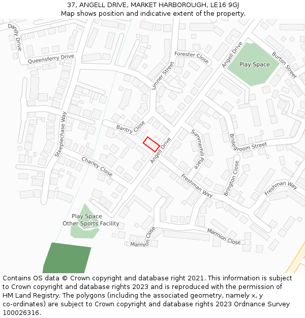 37, ANGELL DRIVE, MARKET HARBOROUGH, LE16 9GJ: Location map and indicative extent of plot
