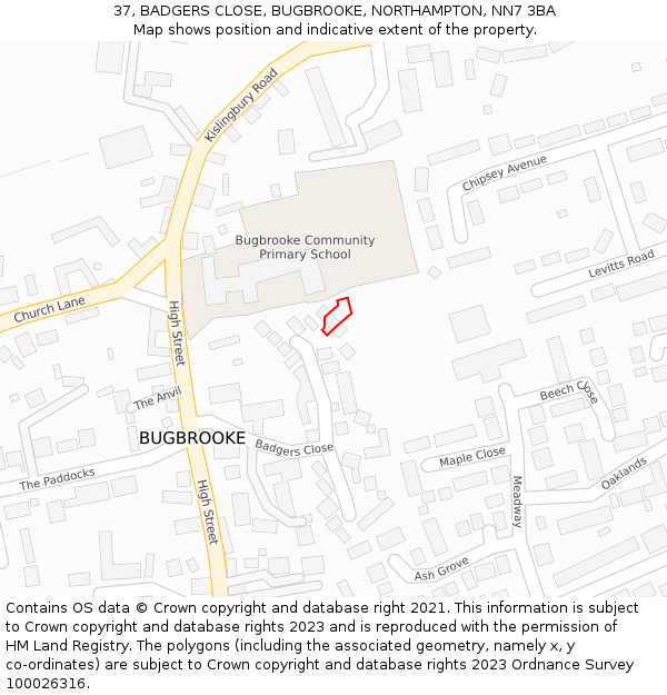 37, BADGERS CLOSE, BUGBROOKE, NORTHAMPTON, NN7 3BA: Location map and indicative extent of plot