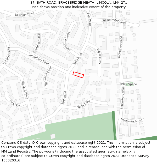 37, BATH ROAD, BRACEBRIDGE HEATH, LINCOLN, LN4 2TU: Location map and indicative extent of plot