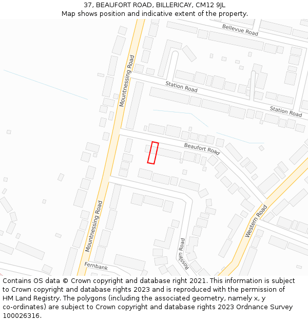 37, BEAUFORT ROAD, BILLERICAY, CM12 9JL: Location map and indicative extent of plot