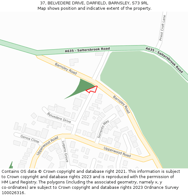 37, BELVEDERE DRIVE, DARFIELD, BARNSLEY, S73 9RL: Location map and indicative extent of plot