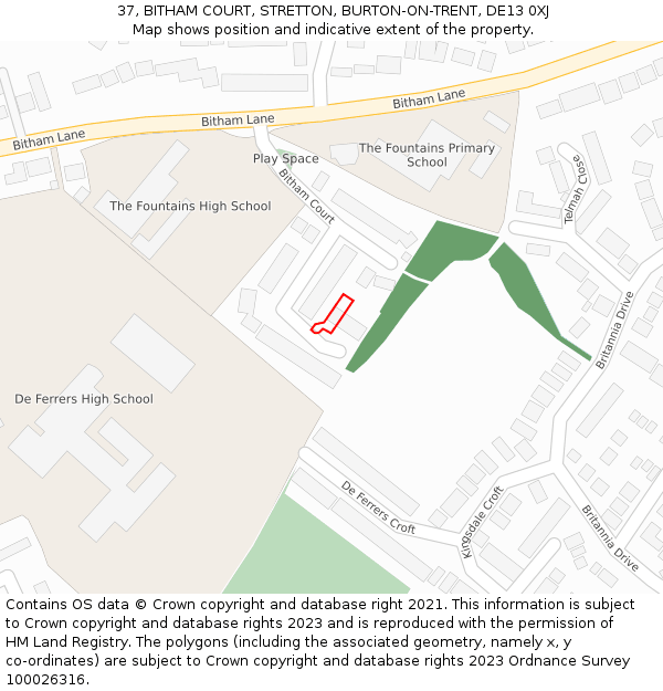 37, BITHAM COURT, STRETTON, BURTON-ON-TRENT, DE13 0XJ: Location map and indicative extent of plot