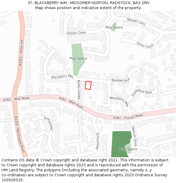 37, BLACKBERRY WAY, MIDSOMER NORTON, RADSTOCK, BA3 2RN: Location map and indicative extent of plot