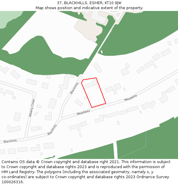 37, BLACKHILLS, ESHER, KT10 9JW: Location map and indicative extent of plot