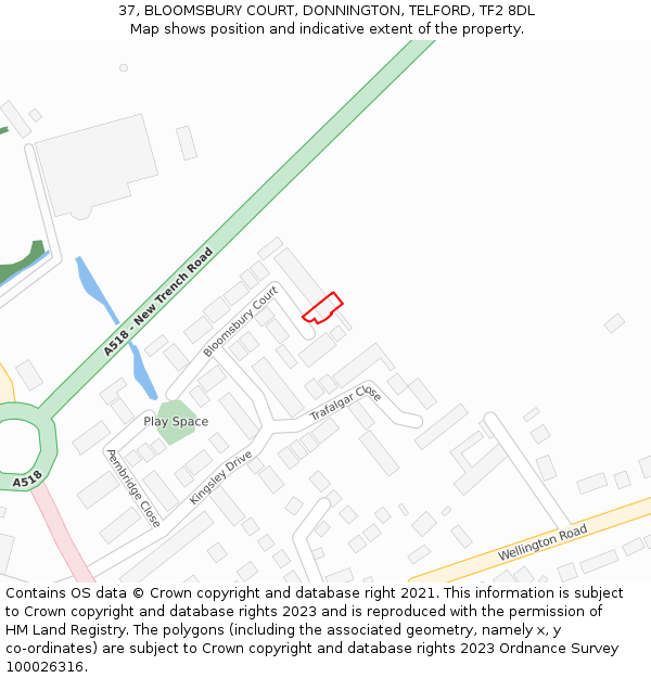 37, BLOOMSBURY COURT, DONNINGTON, TELFORD, TF2 8DL: Location map and indicative extent of plot