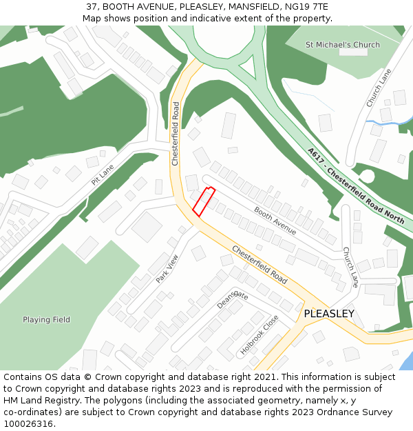 37, BOOTH AVENUE, PLEASLEY, MANSFIELD, NG19 7TE: Location map and indicative extent of plot