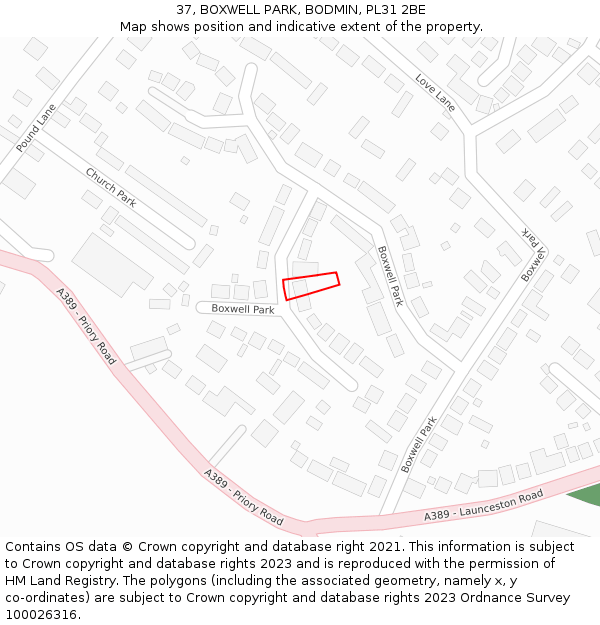 37, BOXWELL PARK, BODMIN, PL31 2BE: Location map and indicative extent of plot