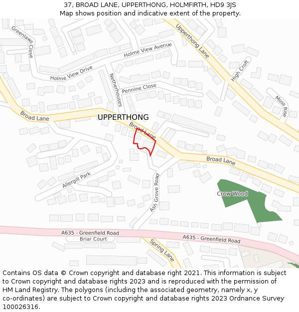 37, BROAD LANE, UPPERTHONG, HOLMFIRTH, HD9 3JS: Location map and indicative extent of plot