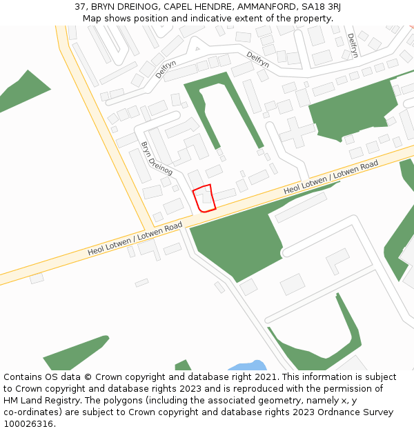 37, BRYN DREINOG, CAPEL HENDRE, AMMANFORD, SA18 3RJ: Location map and indicative extent of plot