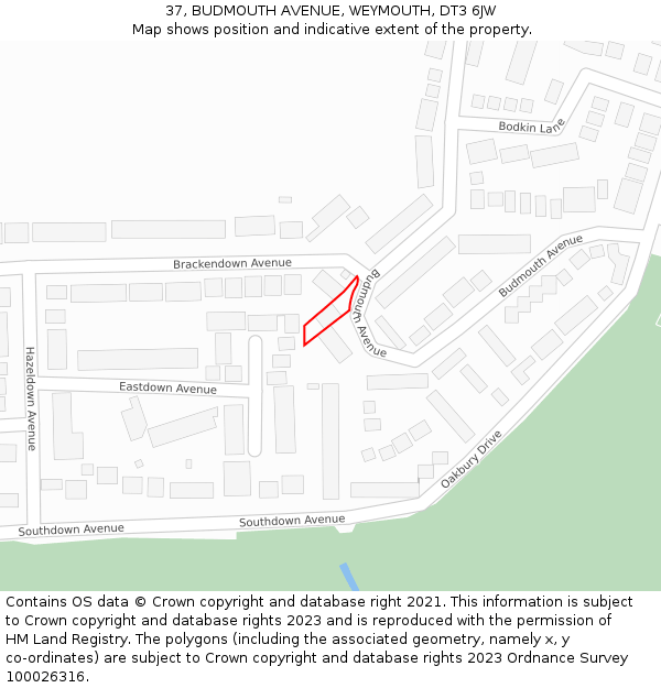 37, BUDMOUTH AVENUE, WEYMOUTH, DT3 6JW: Location map and indicative extent of plot