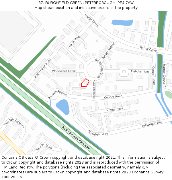 37, BURGHFIELD GREEN, PETERBOROUGH, PE4 7AW: Location map and indicative extent of plot