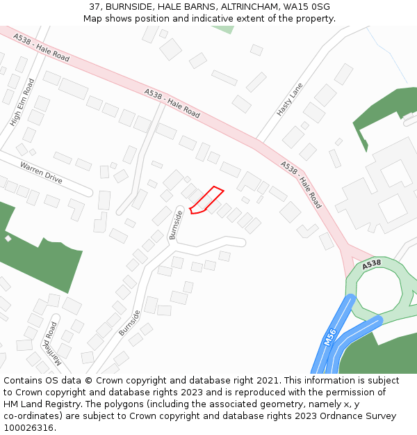 37, BURNSIDE, HALE BARNS, ALTRINCHAM, WA15 0SG: Location map and indicative extent of plot