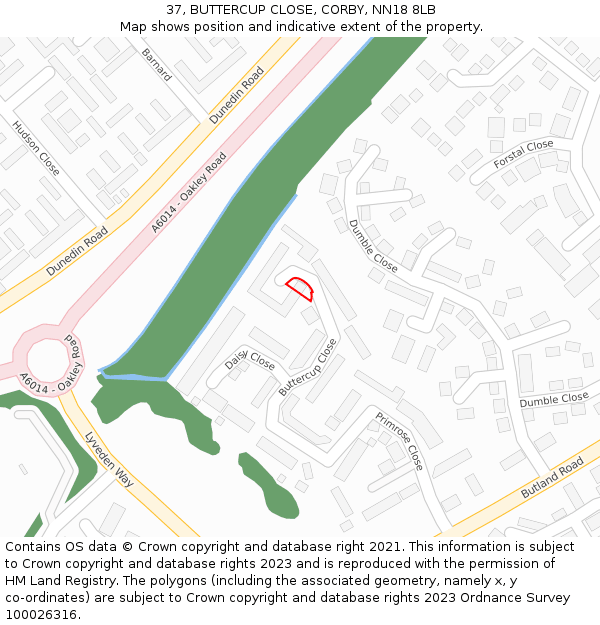 37, BUTTERCUP CLOSE, CORBY, NN18 8LB: Location map and indicative extent of plot
