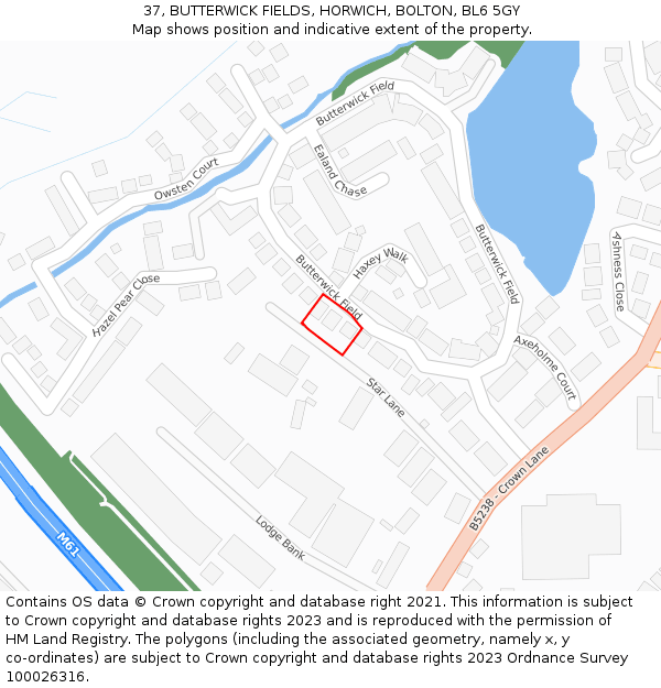 37, BUTTERWICK FIELDS, HORWICH, BOLTON, BL6 5GY: Location map and indicative extent of plot