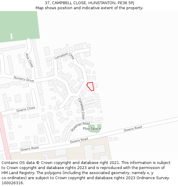 37, CAMPBELL CLOSE, HUNSTANTON, PE36 5PJ: Location map and indicative extent of plot