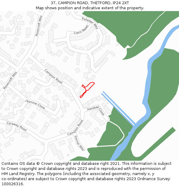 37, CAMPION ROAD, THETFORD, IP24 2XT: Location map and indicative extent of plot