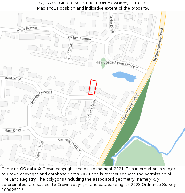 37, CARNEGIE CRESCENT, MELTON MOWBRAY, LE13 1RP: Location map and indicative extent of plot