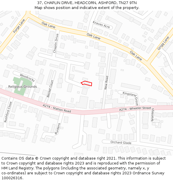 37, CHAPLIN DRIVE, HEADCORN, ASHFORD, TN27 9TN: Location map and indicative extent of plot