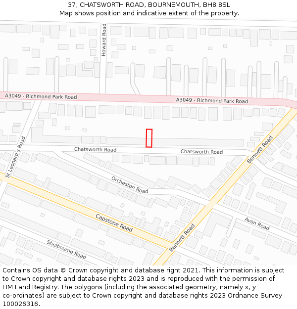 37, CHATSWORTH ROAD, BOURNEMOUTH, BH8 8SL: Location map and indicative extent of plot