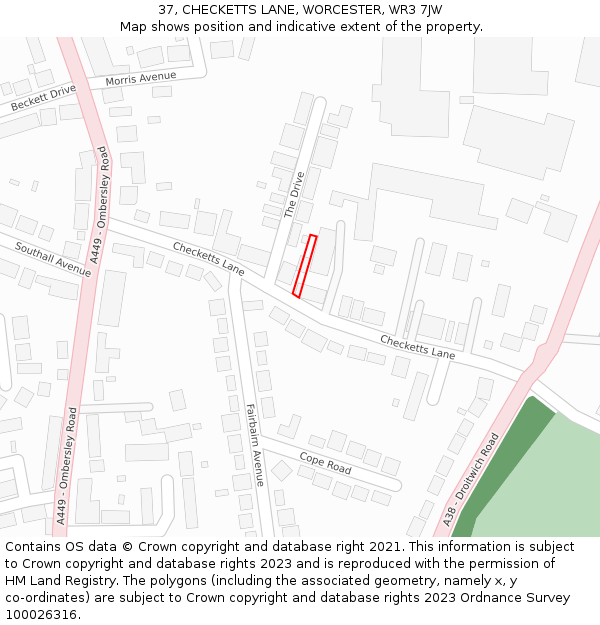 37, CHECKETTS LANE, WORCESTER, WR3 7JW: Location map and indicative extent of plot