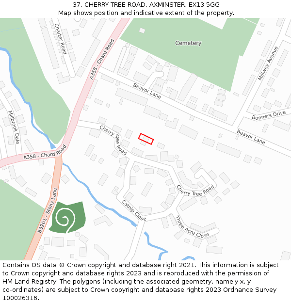 37, CHERRY TREE ROAD, AXMINSTER, EX13 5GG: Location map and indicative extent of plot
