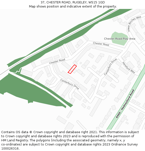 37, CHESTER ROAD, RUGELEY, WS15 1GD: Location map and indicative extent of plot