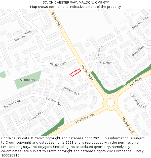 37, CHICHESTER WAY, MALDON, CM9 6YY: Location map and indicative extent of plot