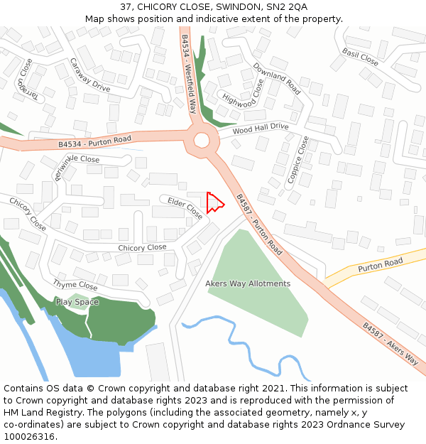 37, CHICORY CLOSE, SWINDON, SN2 2QA: Location map and indicative extent of plot