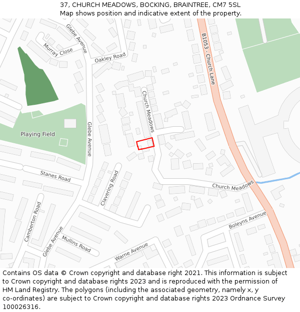37, CHURCH MEADOWS, BOCKING, BRAINTREE, CM7 5SL: Location map and indicative extent of plot