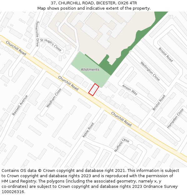 37, CHURCHILL ROAD, BICESTER, OX26 4TR: Location map and indicative extent of plot