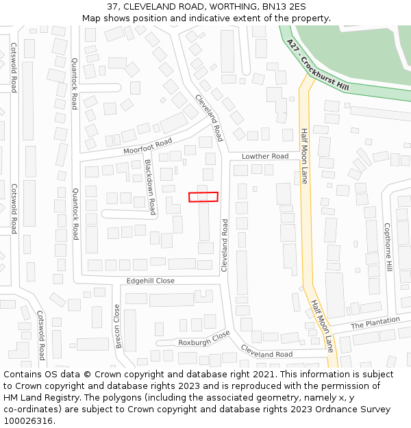 37, CLEVELAND ROAD, WORTHING, BN13 2ES: Location map and indicative extent of plot