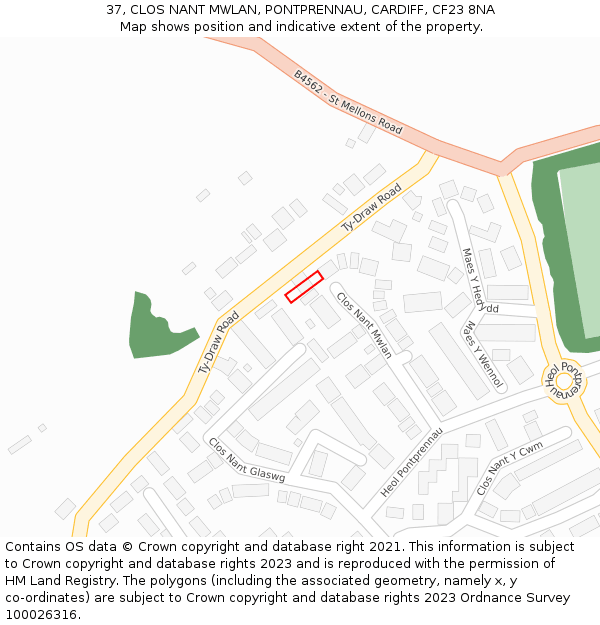 37, CLOS NANT MWLAN, PONTPRENNAU, CARDIFF, CF23 8NA: Location map and indicative extent of plot
