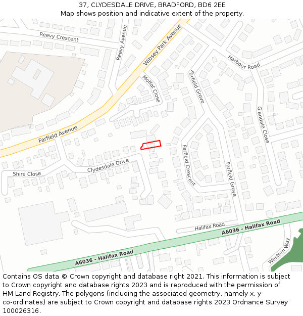 37, CLYDESDALE DRIVE, BRADFORD, BD6 2EE: Location map and indicative extent of plot