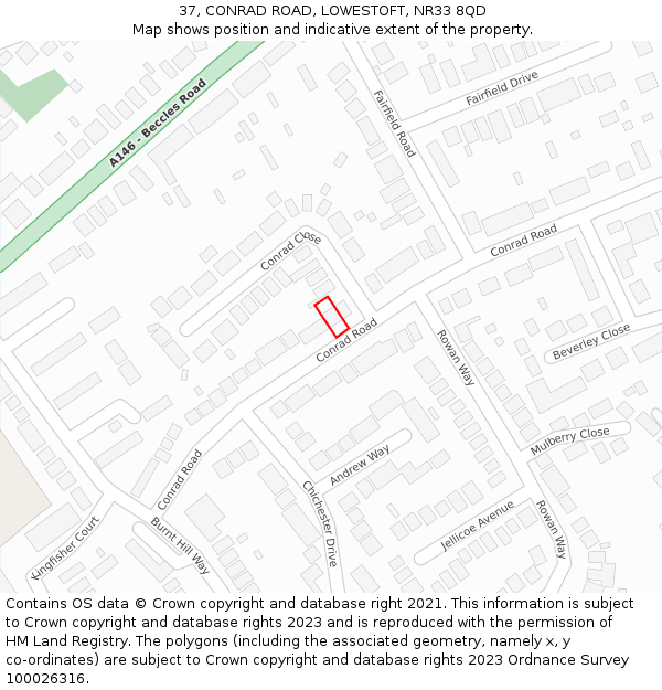 37, CONRAD ROAD, LOWESTOFT, NR33 8QD: Location map and indicative extent of plot