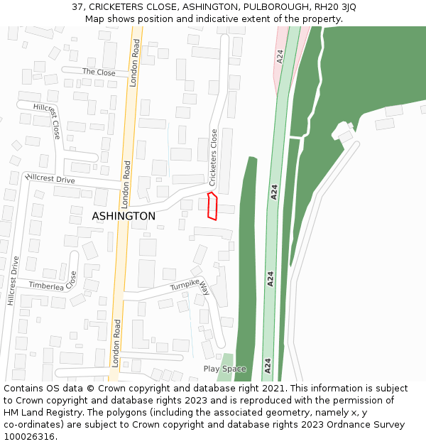 37, CRICKETERS CLOSE, ASHINGTON, PULBOROUGH, RH20 3JQ: Location map and indicative extent of plot